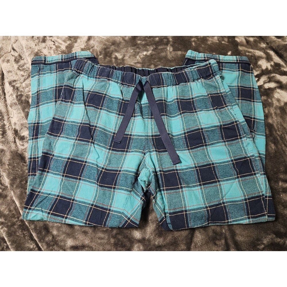 Lands' End Men's L Regular Mint/Teal Plaid Flannel Cotton Pajama Pants